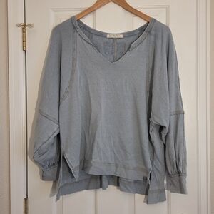 Free People Light Blue Washed V‑Neck Slouchy Pullover
